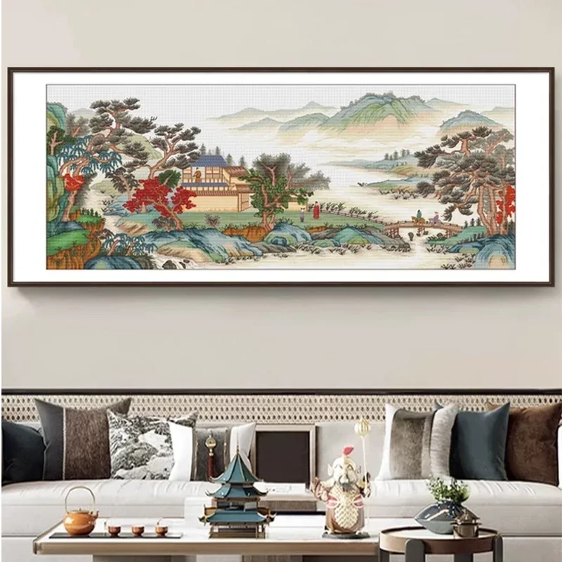 Spring Cross Stitch Kit 205x85cm Chinese Style Classical Landscape Stream Large Size Landscape Pattern Embroidery Gift For Mom