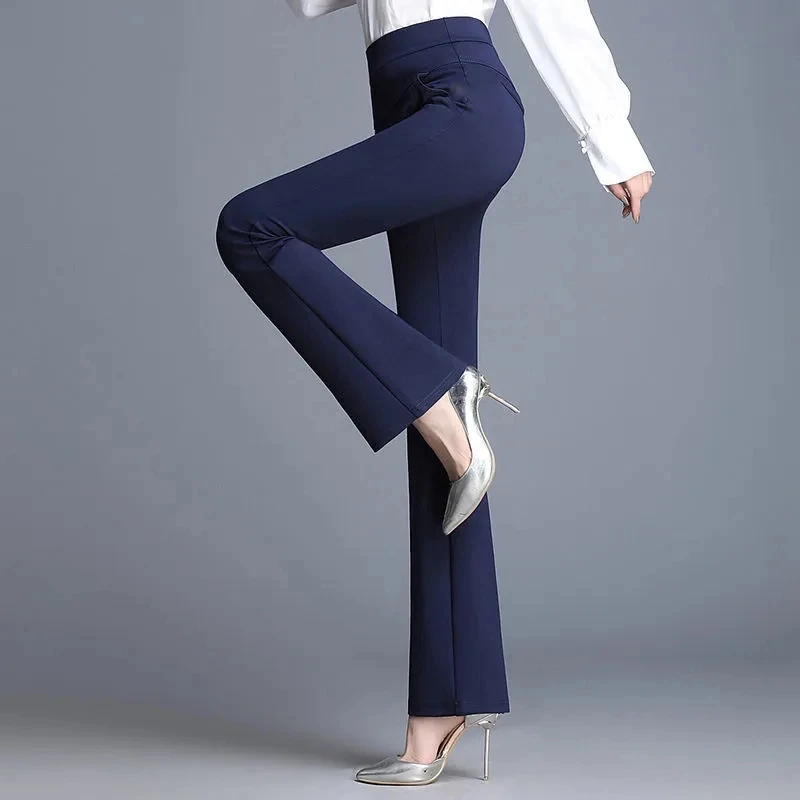 Pantalones acampanados elásticos elegantes para mujer, Pantalones de campana de cintura alta, a la moda, hasta el tobillo, Primavera