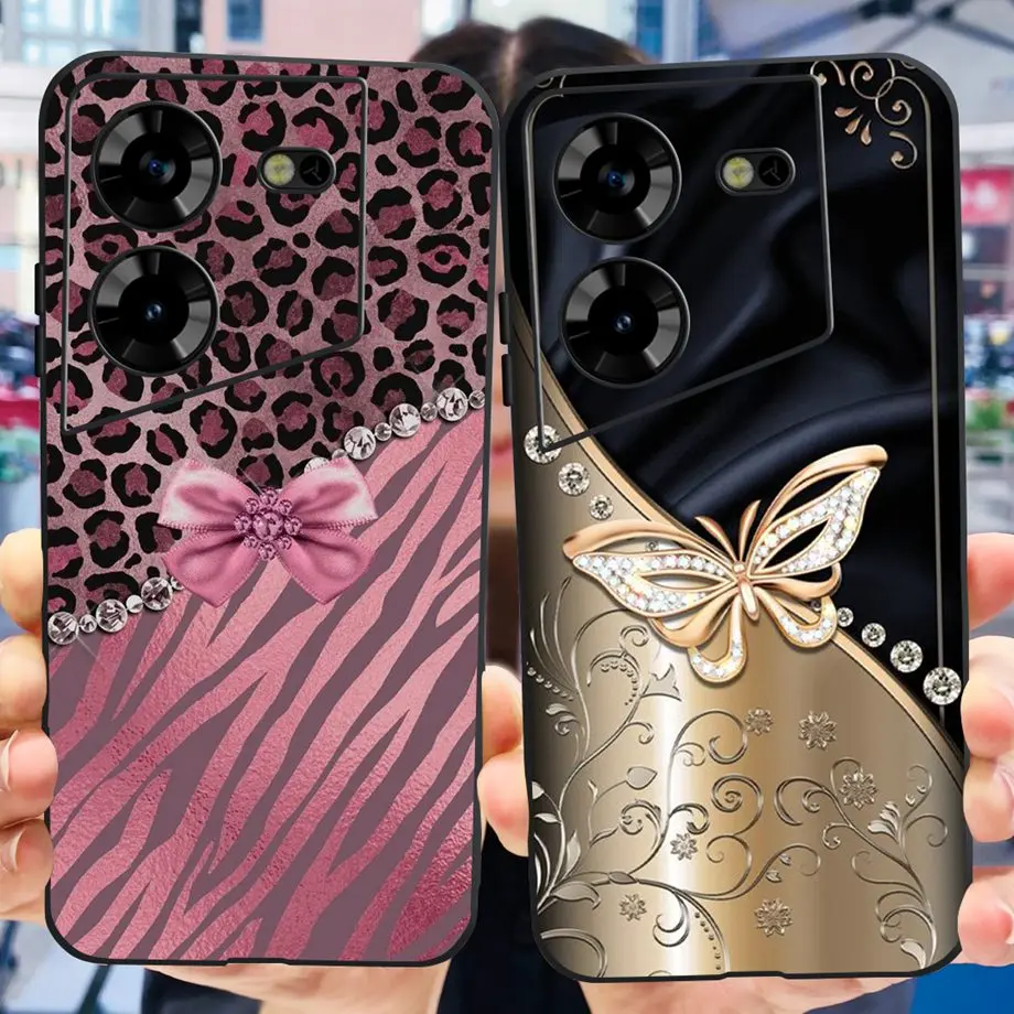 For Tecno Pova 5 4G LH7n Back Case Black Silicone Soft Matte TPU Phone Shell For Pova5  Tecno Bumper Lovely Cat  Marble Pattern