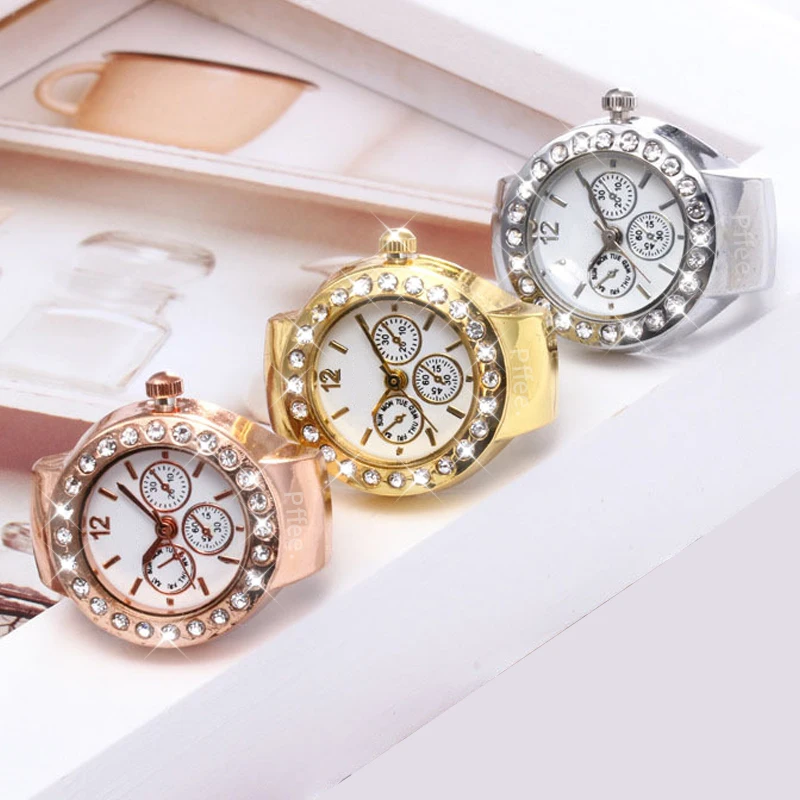 Vintage Punk Finger Watch Mini Elastic Strap Gold Color Couple Rings Jewelry Clock Retro Quartz Watches Ring For Women Men