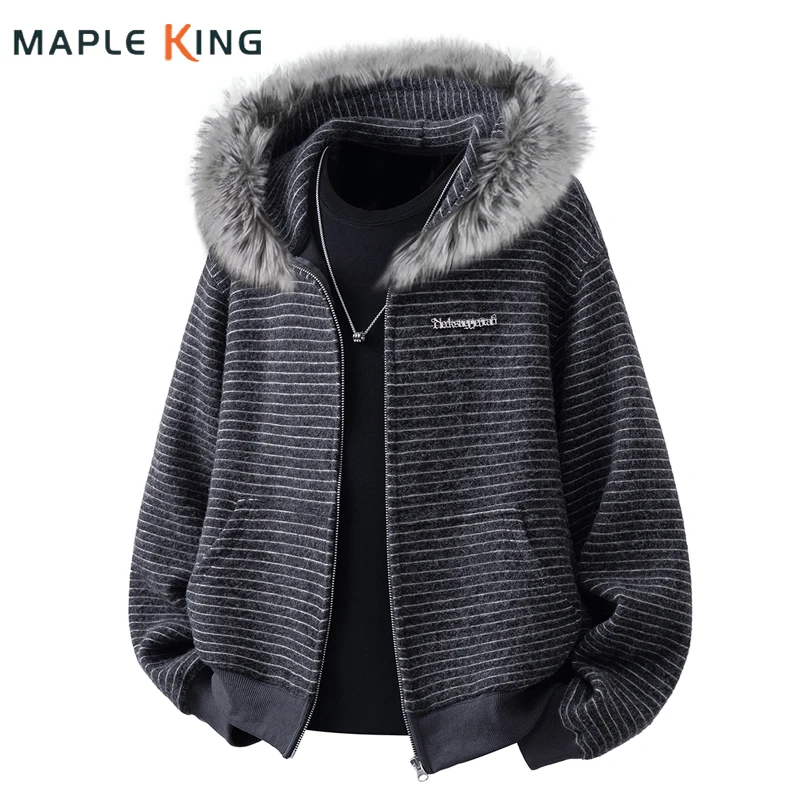 Vintage Faux Fur Collar Hooded Jacket for Men Women Punk Streetwear Striped Zipper Harajuku Gothic Loose Hoodies Sweatshirt Coat