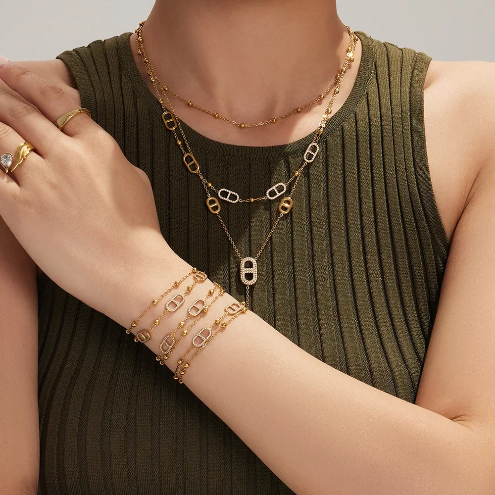 

18K Gold Plated Stainless Steel Zrconia Necklace Bracelet Set for Women, Fashion Luxury Hypoallergenic Non Tarnish Jewelry Gift