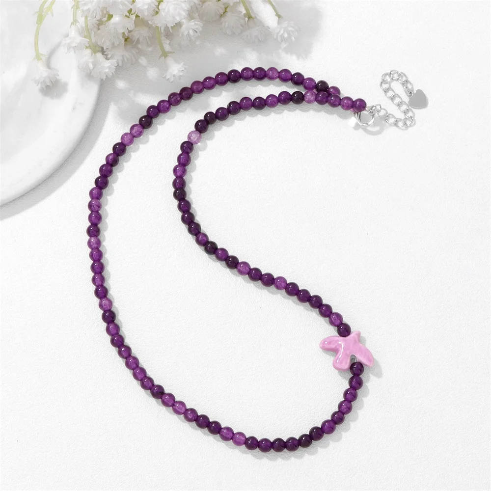 Natural Stone Beaded Choker Necklace 4mm Round Beads 7*10mm Ceramic Dove Pendant Adjustable Chain Women Jewelry Gift