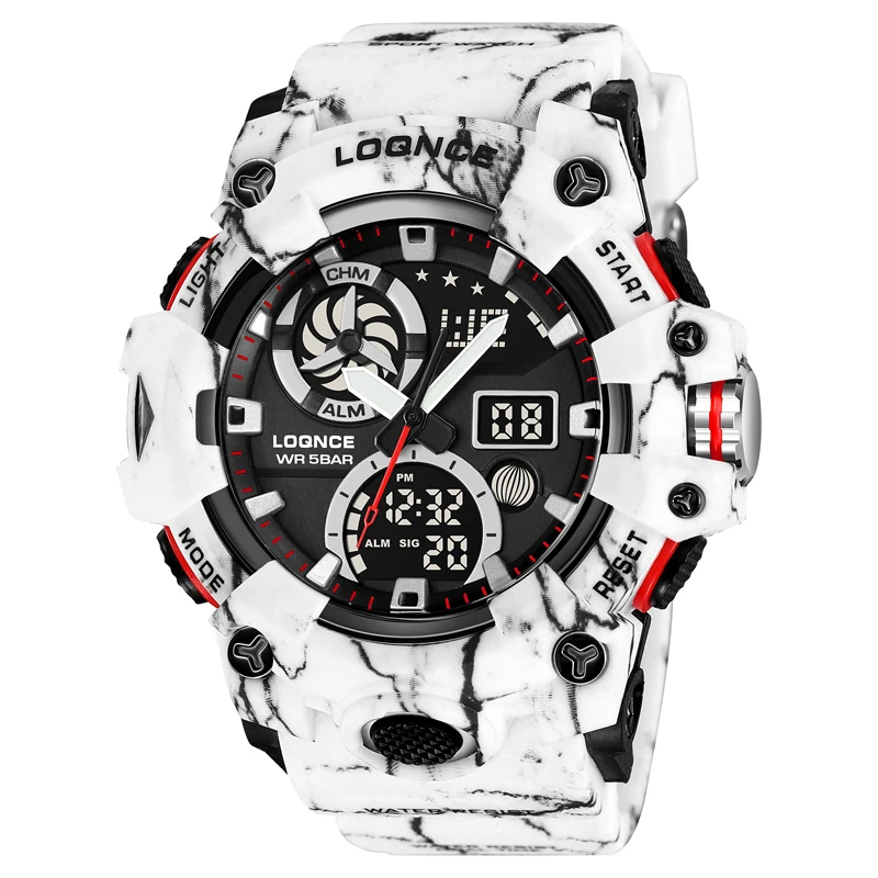 Fashion LOQNCE 98005 Men's Watch 50M Waterproof High Quality Analog-Digital Dual Movement Calendar Luminous Silicone Band