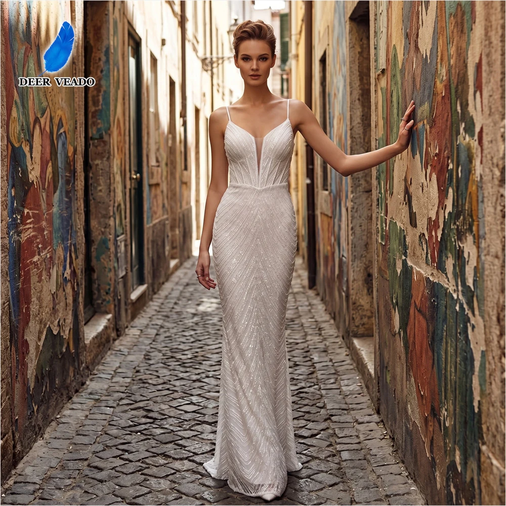 

DEERVEADO 11 Colors Women's Sequins Evening Dresses Elegant Mermaid Strap Formal Occasion Dress Long Prom Party Dresses Gala