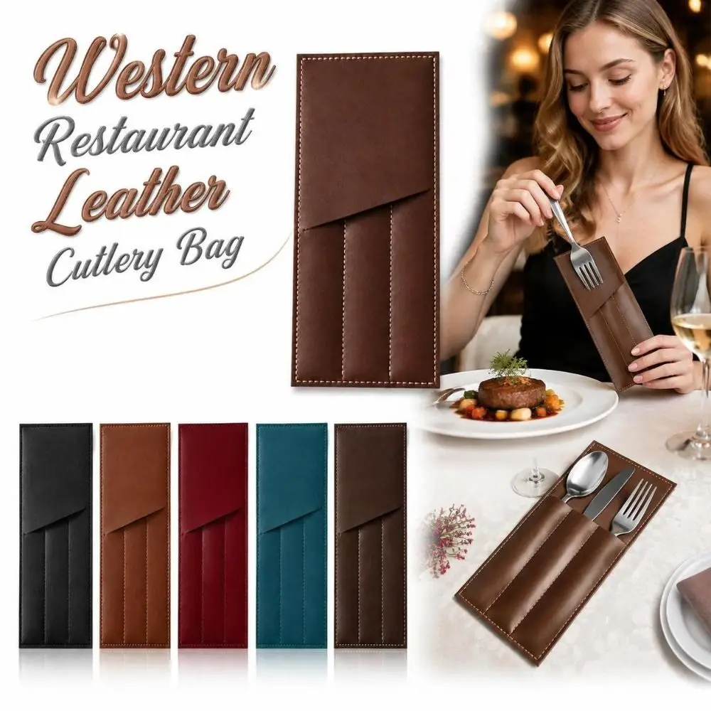 3 Pocket Western Restaurant Fork Cutlery Bag PU Leather Oil-resistant Cutlery Storage Pouch Rectangular Multi-functional