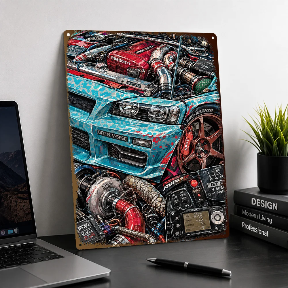 Japan Skyline GT-R V-Spec R34 Cyan Pop Graphic Sports Car Textured Poster Customized Metal Tin Sign Wall Art Ideal For Bedroom