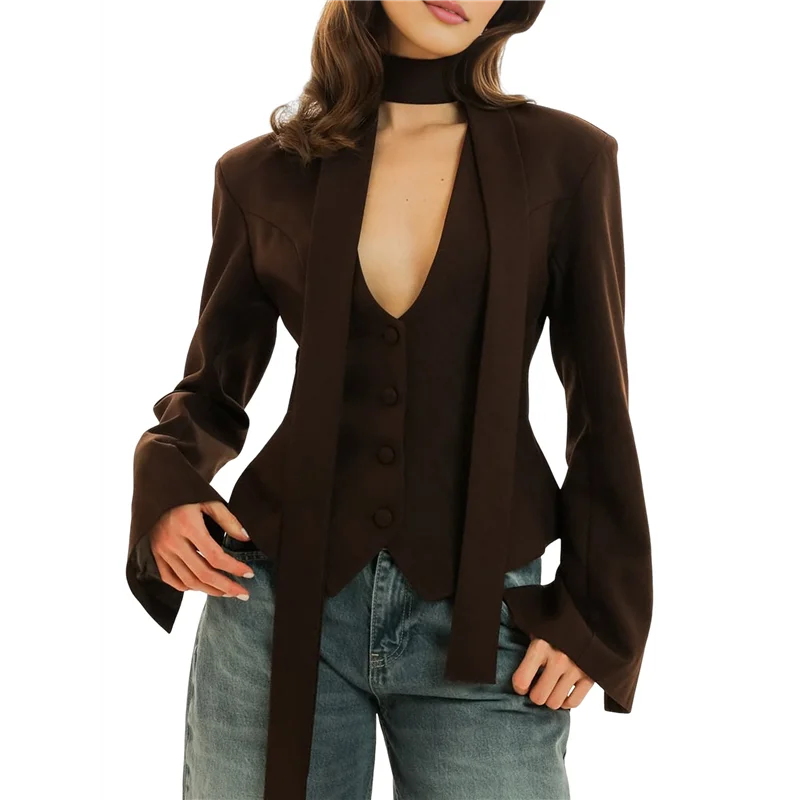 

Женский пиджак с длинными рукавами, однотонный шарф с v-образным вырезом, приталенный крой с мягкими плечами, коричневый M