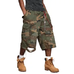 Men's High Street Ripped Hip Hop Cargo Shorts With Multi Pockets Streetwear Camouflage Destroyed Short Pants Loose Fit With Hole