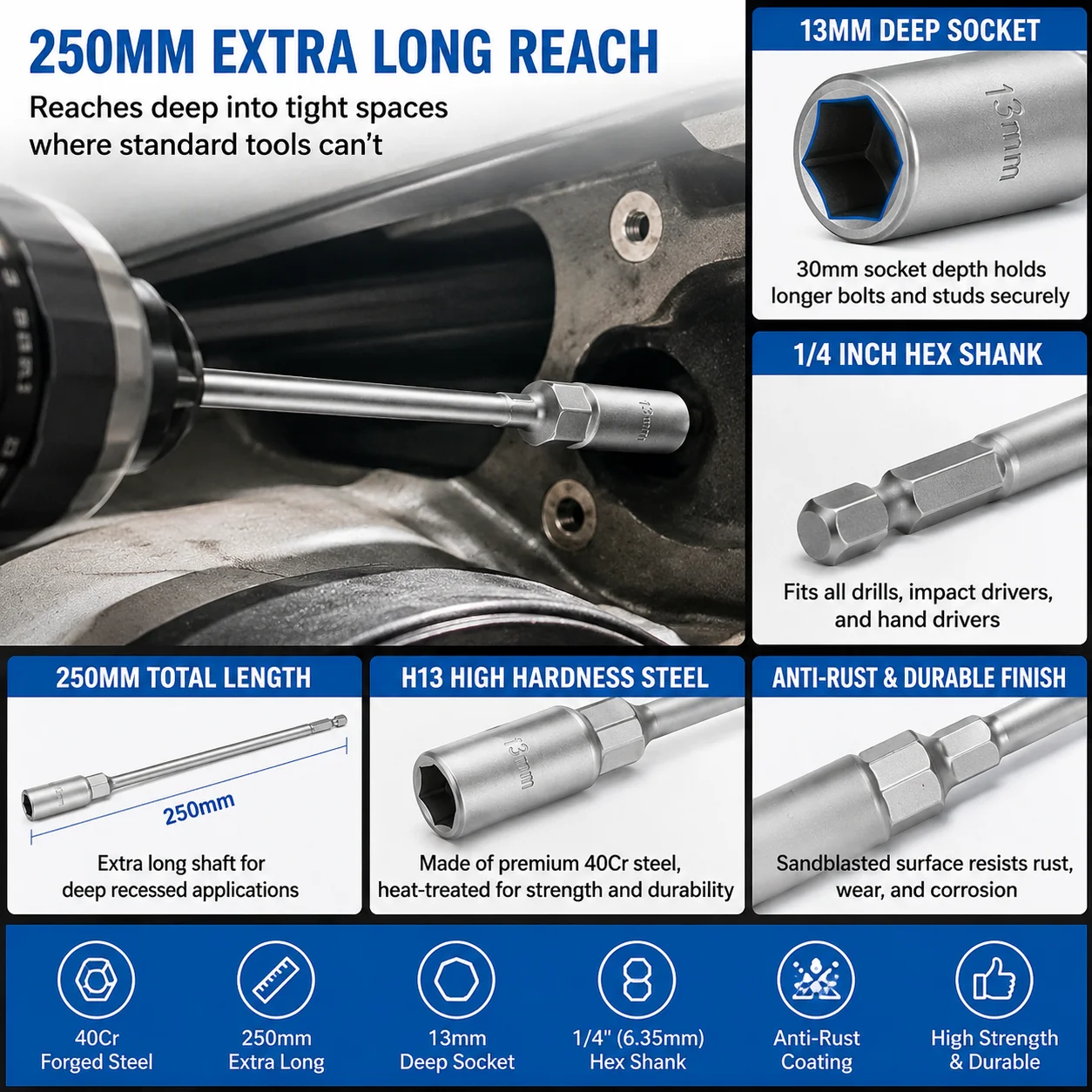 KDANTE 250mm Deepened Socket Wrench Sleeve Bit Nut Driver Bolt Driver Bit Impact Drill Adapter Extension Bar 13mm