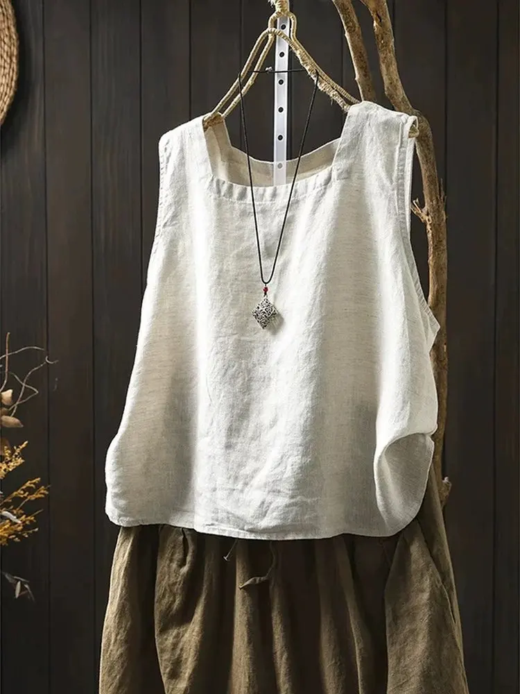 Summer New Pure Cotton Square Collar Strap Vest Women's Loose Sleeveless Top Inner Match Base Layer Outdoor Travel Yoga