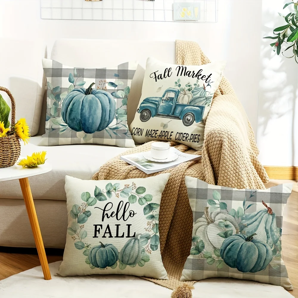 

4Pcs 45x45cm Hello Fall Throw Pillow Covers Outdoor Blue Pumpkin Autumn Pillow Cases Thanksgiving Fall Decoration for Home Porch