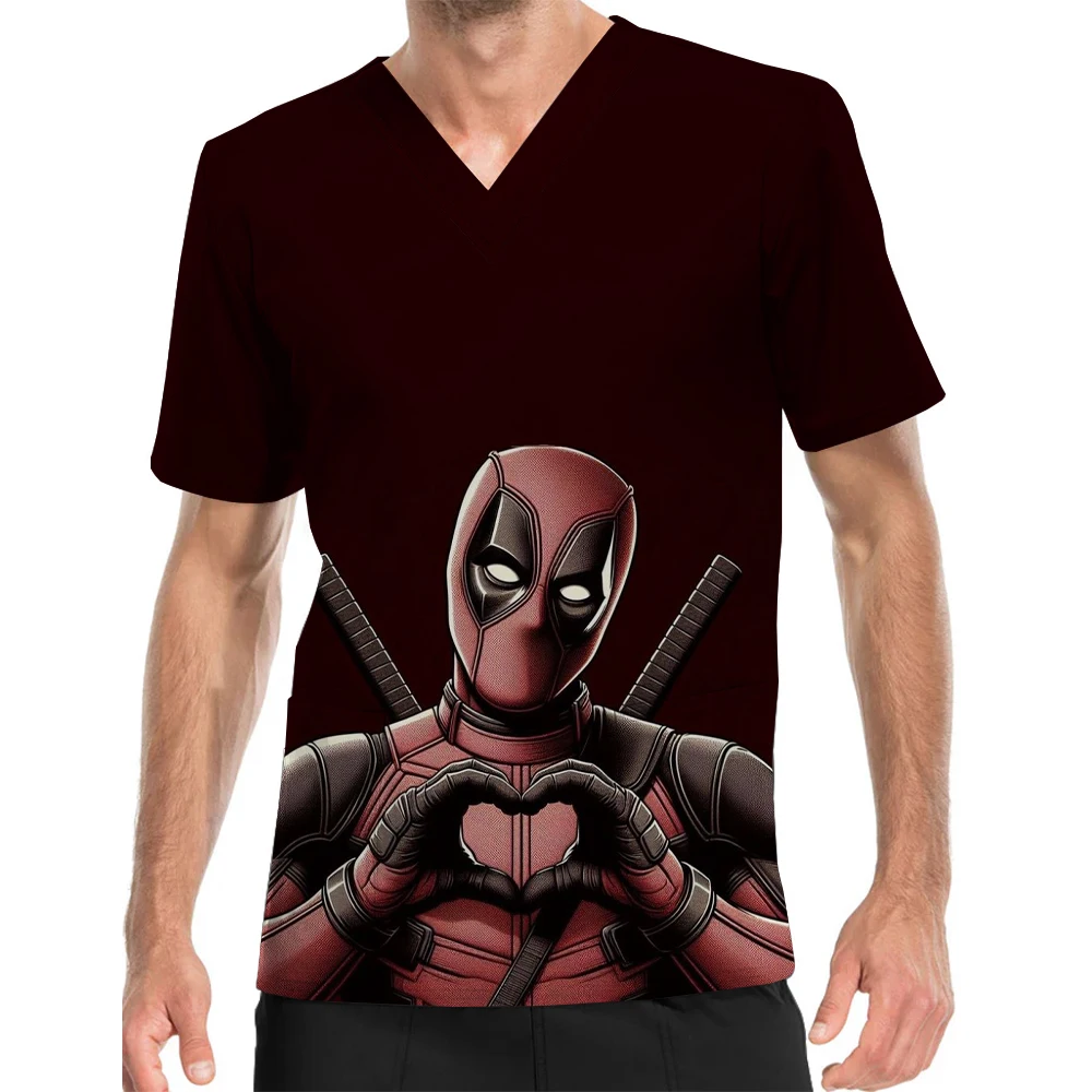 V-Neck Print Scrub Top Surgical Gown Men's Deadpool Pattern Printed Medical Uniform Doctor Nurse Surgical Gown Top