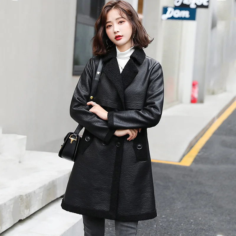 ผู้หญิงสูงฤดูหนาว Sheepskin Windbreaker คุณภาพปานกลางและยาว Lapel ของชุดคู่ Slim Fit ของแท้แจ็คเก็ตหนัง