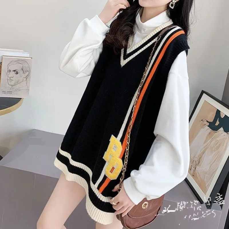 Lady Sweaters V-Neck Black Color Matching Waistcoat Long Pullover Knit Vests for Women on Offer Korean Style Clothing Casual Y2k