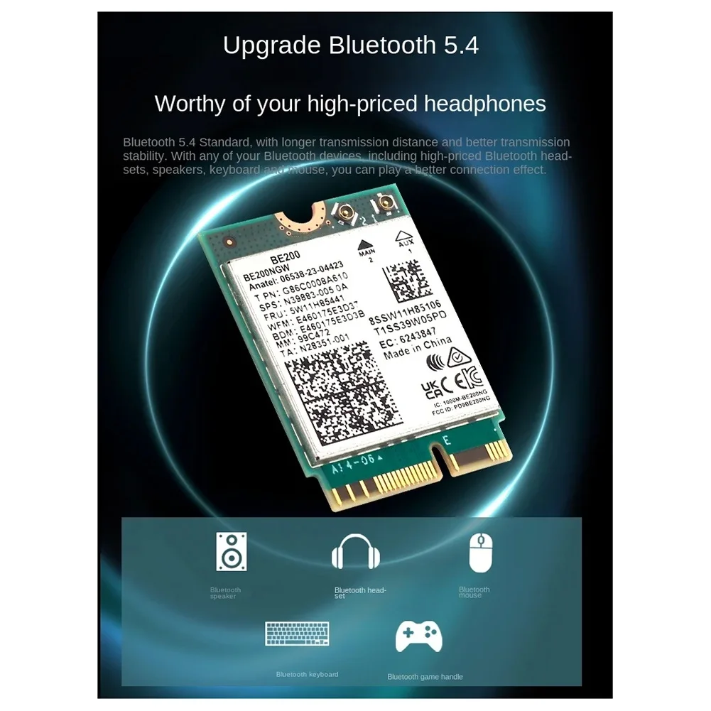

Беспроводная Wi-Fi карта A73T BE200 WIFI 7, Wi-Fi 6E BE200NGW, Bluetooth 5.4, 802.11AX, трехдиапазонный сетевой адаптер M.2 NGFF
