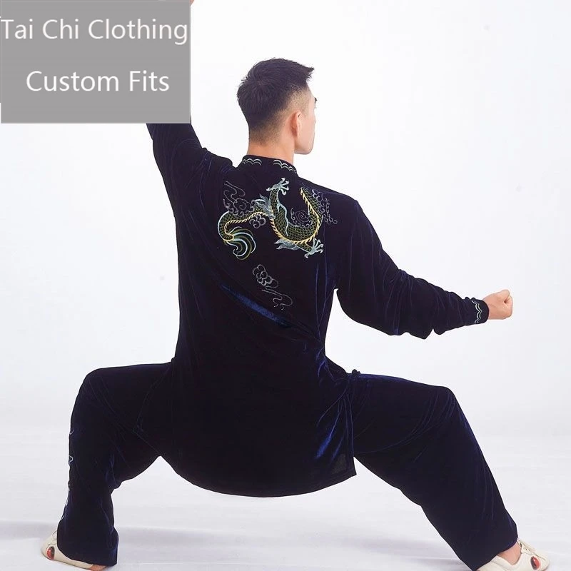 Dark Blue Velvet Tai Ji Suit New High-End Men's Autumn and Winter Solong Tattoo Exercise Clothing