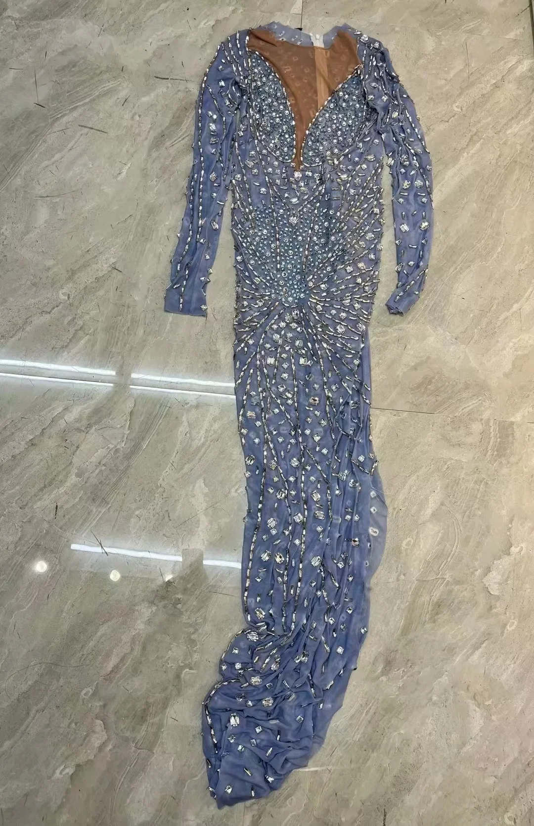 Strój do tańca, rozciągnięcia, kryształki, studniówka, piosenkarka, kolekcje taneczne, seksowny, sceniczny, błyszczący, srebrne cyrkonie, urodziny, świętowanie, niebieska sukienka