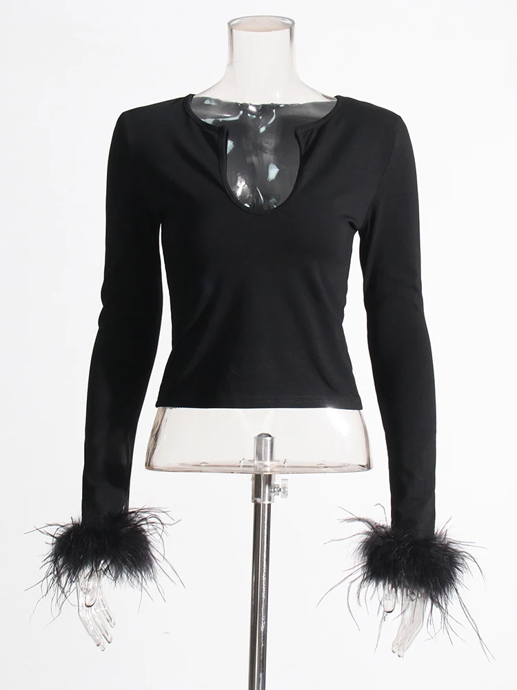 TWOTWINSTYLE Solid Spliced Feather Knitting Sweaters For Women V Neck Long Sleeve Temperament Pullover Sweater Female Fashion