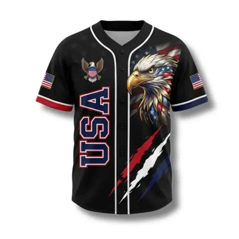 USA Patriotic Baseball Jersey with Bald Eagle & American Flag Shield Print, Casual Independence Day Short Sleeve Tops for Men