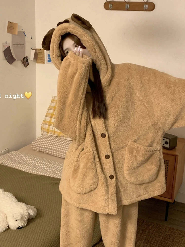 Winter Sleepwear Women Coral Fleece Thickening Pajama Sets Sweety Bear Hooded Vintage Suit 2 Piece Night Wears Home Clothes