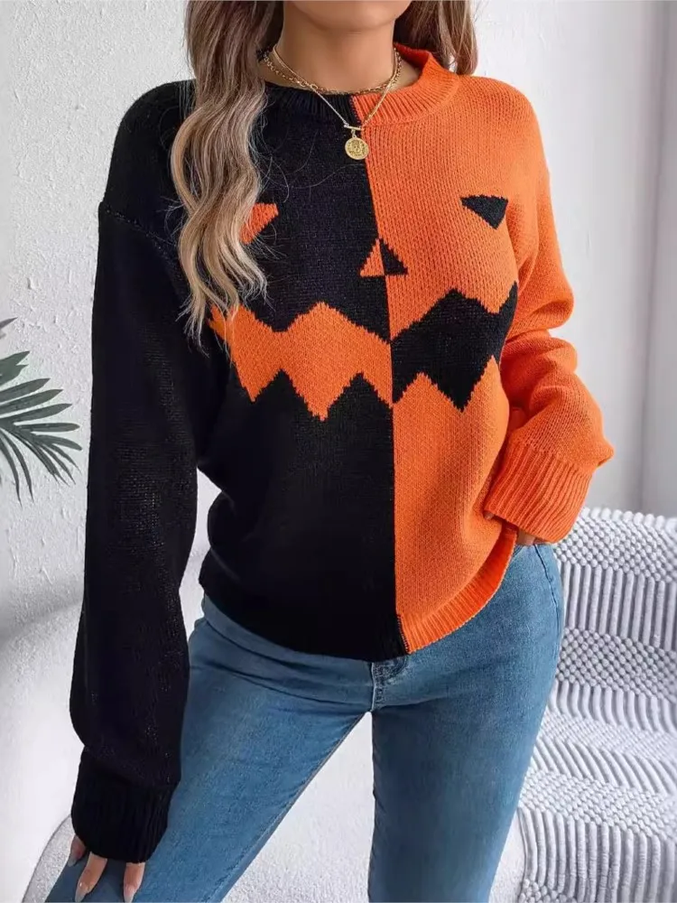 

Autumn And Winter Halloween New Arrival Women Sweater Ghost Pumpkin Color Block Knitted Long Sleeve Sweater Round Neck Pullover