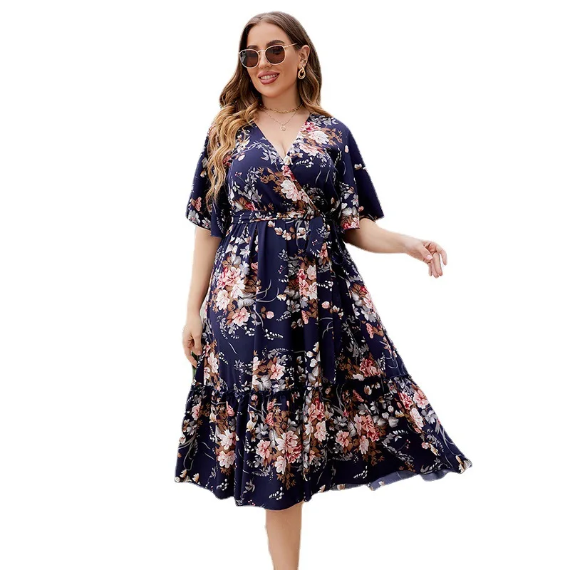 Vestido de talla grande con cuello en V, estampado azul marino, comercio exterior europeo y americano, desarrollado de forma independiente, popular,