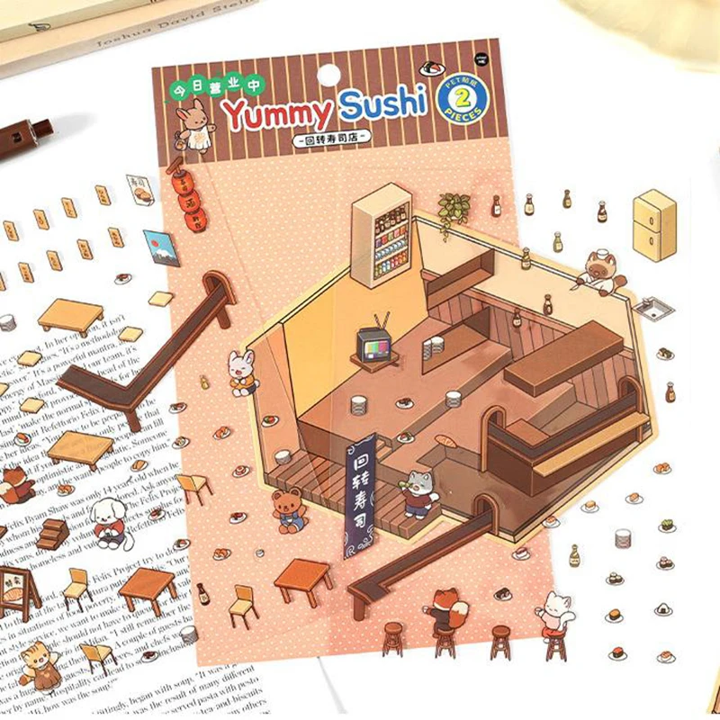 Cartoon Landscape Stickers Cute Visual 3D Stereoscopic Cabin Decompression Scene Tent Sticker Handmade Stacking Scene Stickers