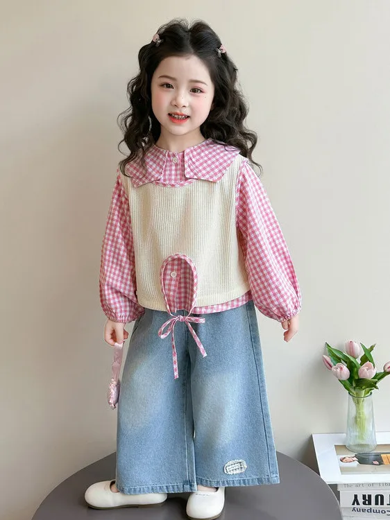 

Girls Plaid irt Knot Two-Piece Set Casual Faion Spring Collection Brand Pure E-commerce Long Sve round Ne