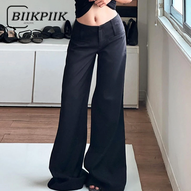 

BIIKPIIK Casual Women Suit Pants All-match Basic Solid Straight Trousers Low Waist Simple Slim Fit Bottom Clothing Spring Autumn