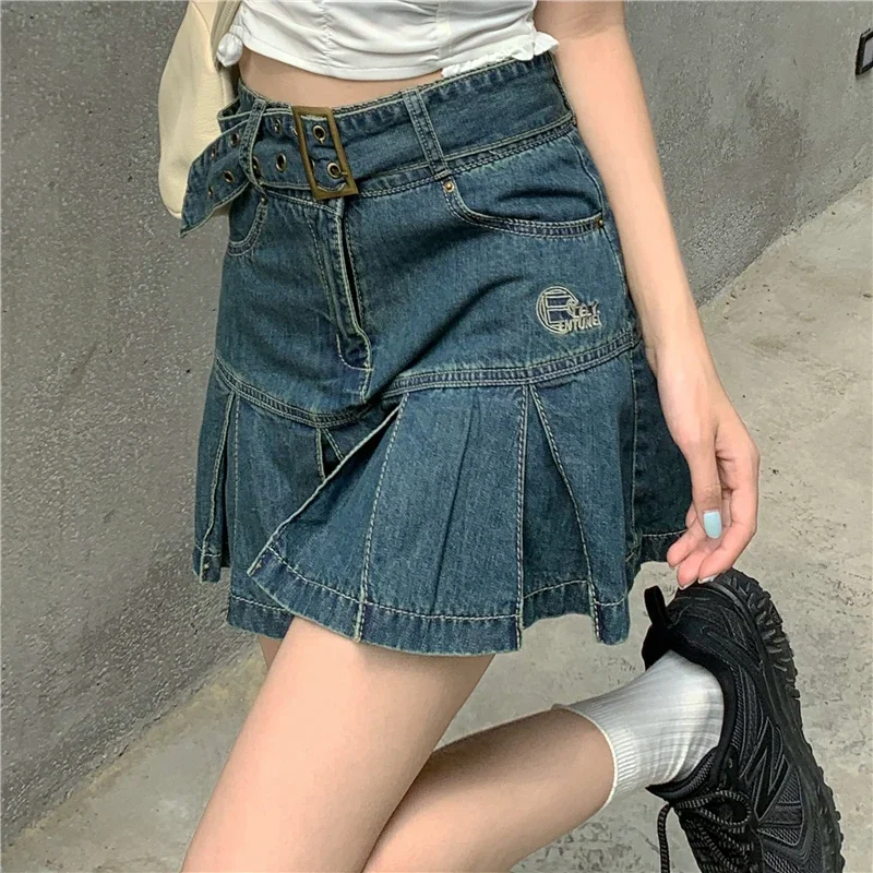 Y2k Hot Girl Irregular Denim Miniskirt Female Summer Harajuku Kawaii Mini Skirt New High Waist A Word Pleated Skirt Goth Skirt