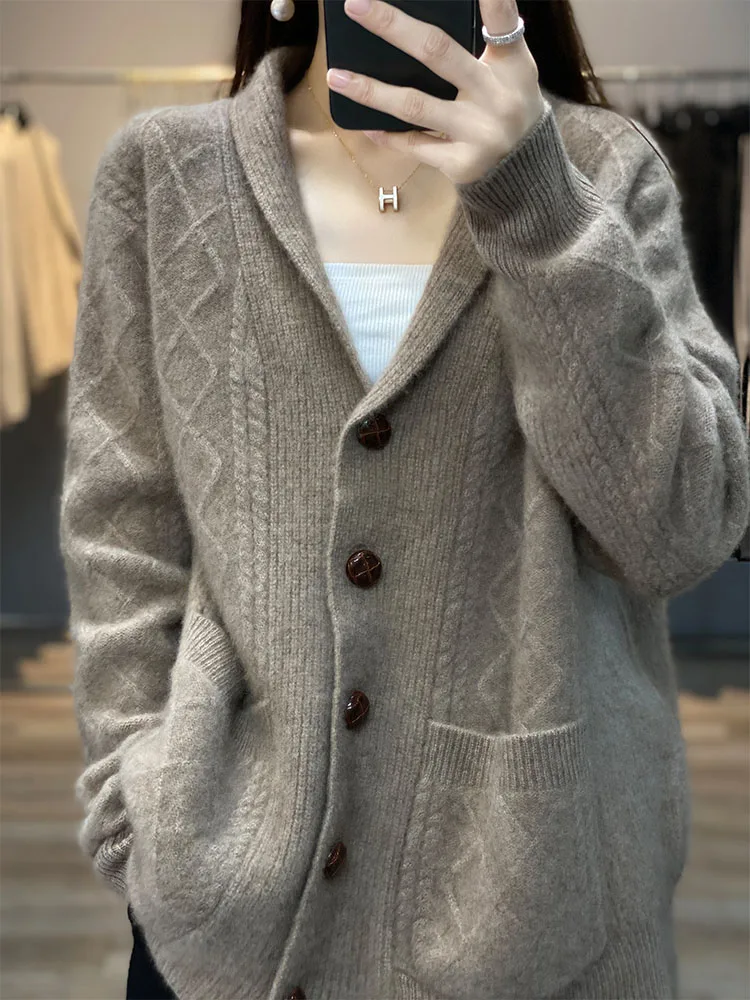 Autumn Winter High Quality Premium Knitted Cardigan Women\'s 100%Wool Cashmere Sweater V-neck Loose Large Size Coat Jacket Female