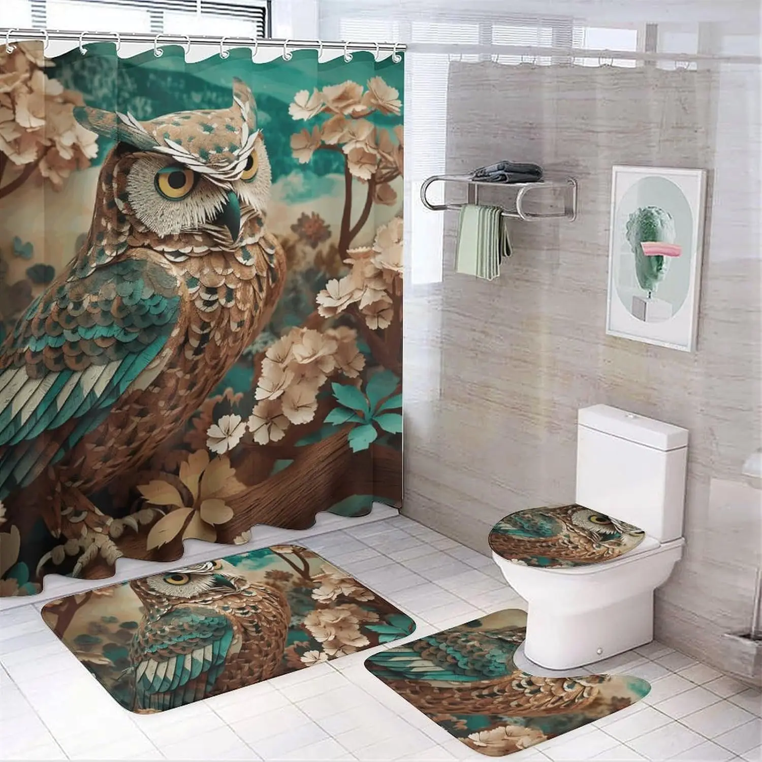 

Набор штор для душа «Сова» из 4 предметов с нескользящими ковриками, крышкой для унитаза и ковриком для ванной Мягкий ковер для ванной Водонепроницаемая шторка для ванной комнаты