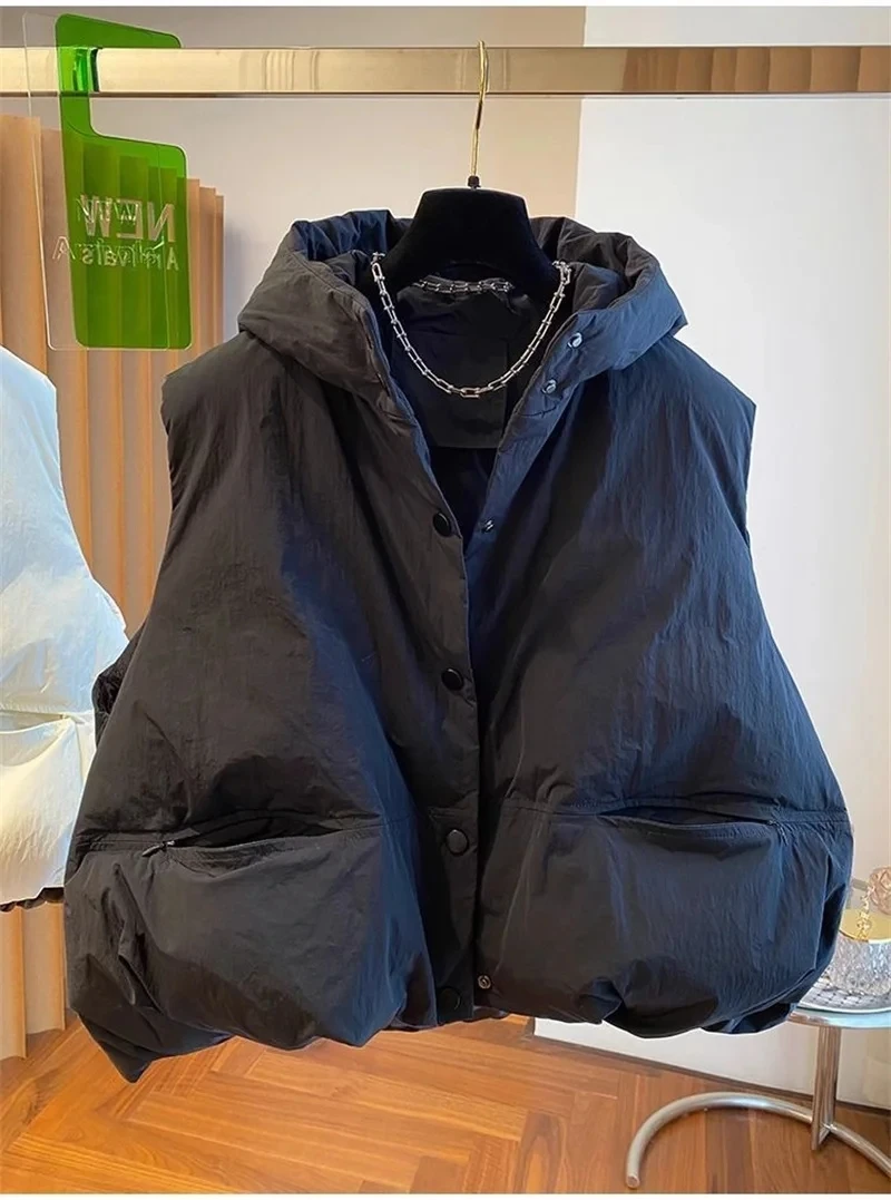 2025 New Chic Hooded Down Vest Jakcet Women Autumn Winter Warm Short Waistcoats Ladies Female Loose Warm Sleeveless Outwear