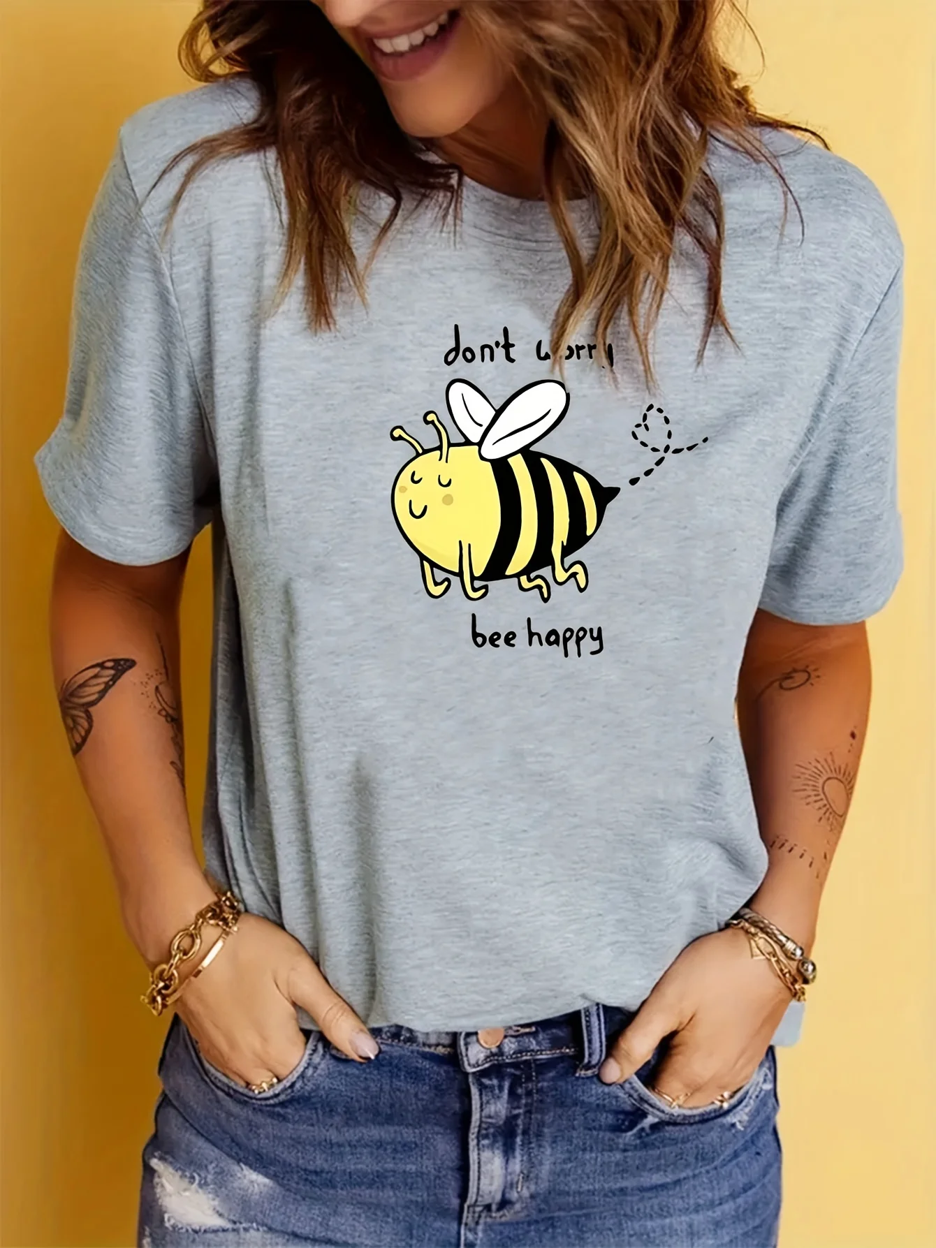 Cute Bee & Slogan Print Summer Top, Casual Short Sleeve Crew Neck T-shirt, Women's Clothing