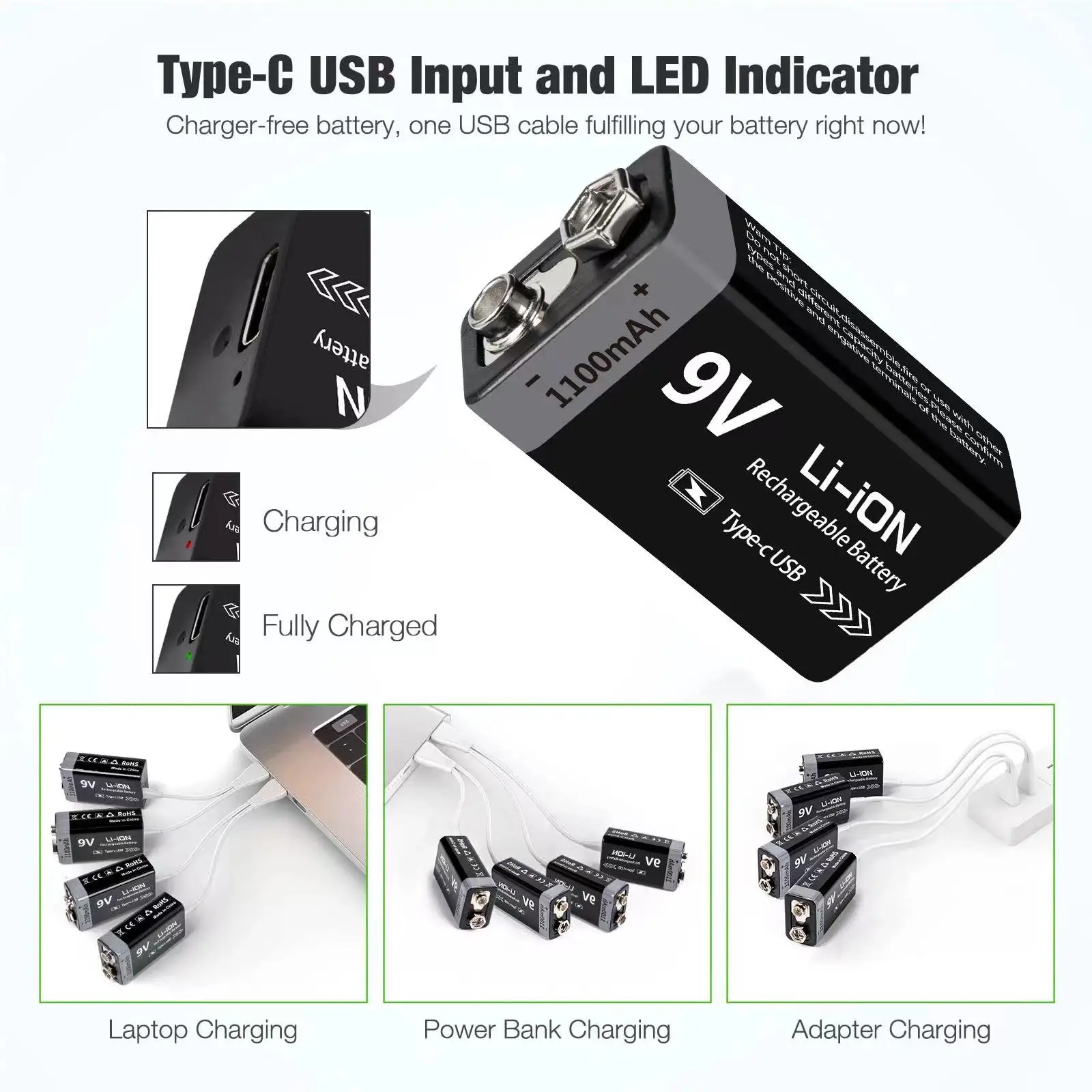 

USB 9V Rechargeable Battery 1100mAh Type-C Rechargeable 6F22 9V Li-ion Battery for RC Helicopeter Model Multimeter Toy