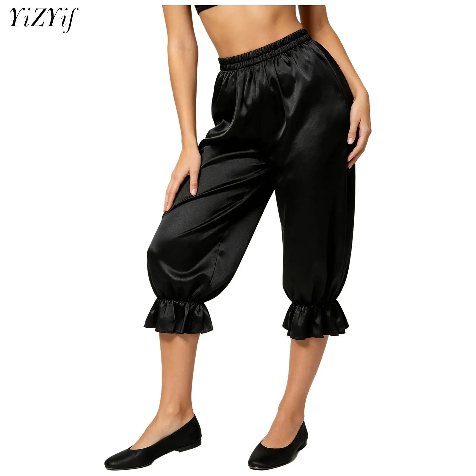 Pantalones Capri Piratas Medievales Renacentistas Victorianos para Mujer, Cintura Elástica, Satén, Estilo Princesa Árabe, Disfraz de Danza del Vientre
