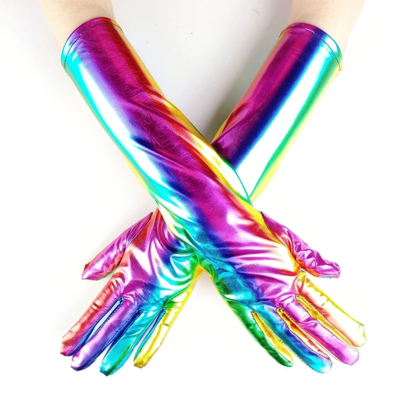 

Long Arm Warmer Full Finger Gloves 15.7Inch Metallic Color Long Gloves Rainbow Elbow Gloves Elastic Mittens