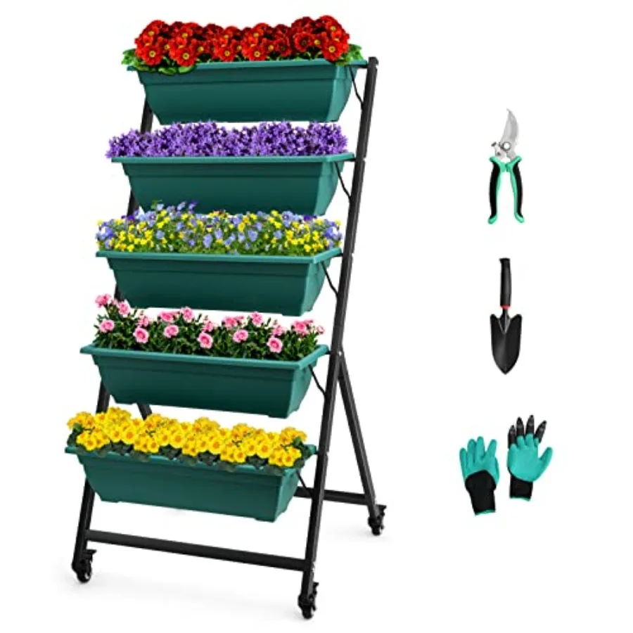 

4.5 FT Height Vertical Garden Planter Removable Pale Green Raised Bed Box with 5 Container BoxesDigging Claw Gloves Trowel Purn
