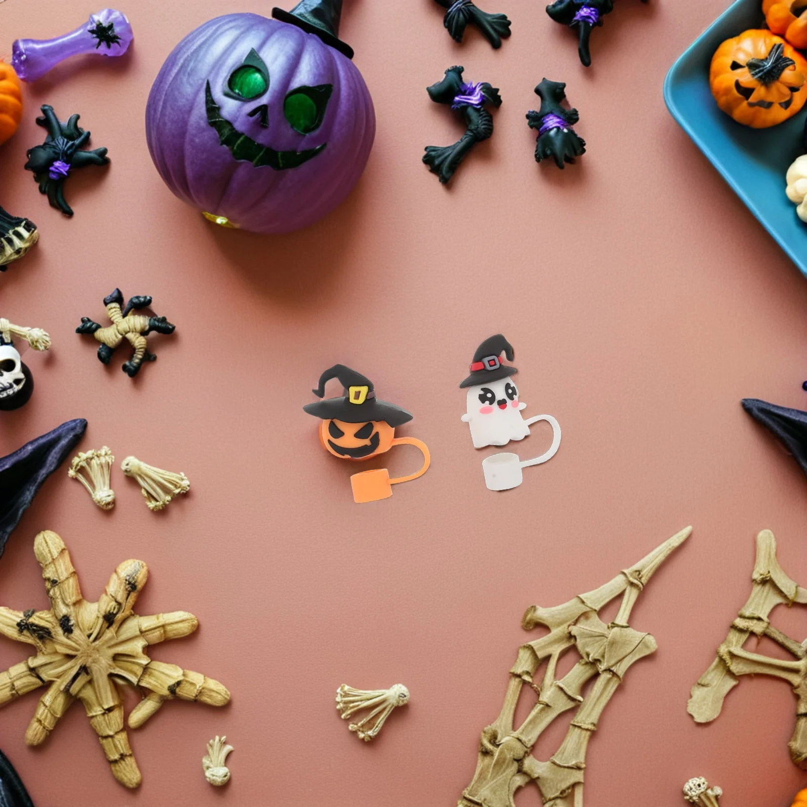 

7Pcs Halloween Silicone Straw Lid Cover Pumpkin Ghost Skull Creative Tumbler Cup Accessory Dust Protection Straw Toppers