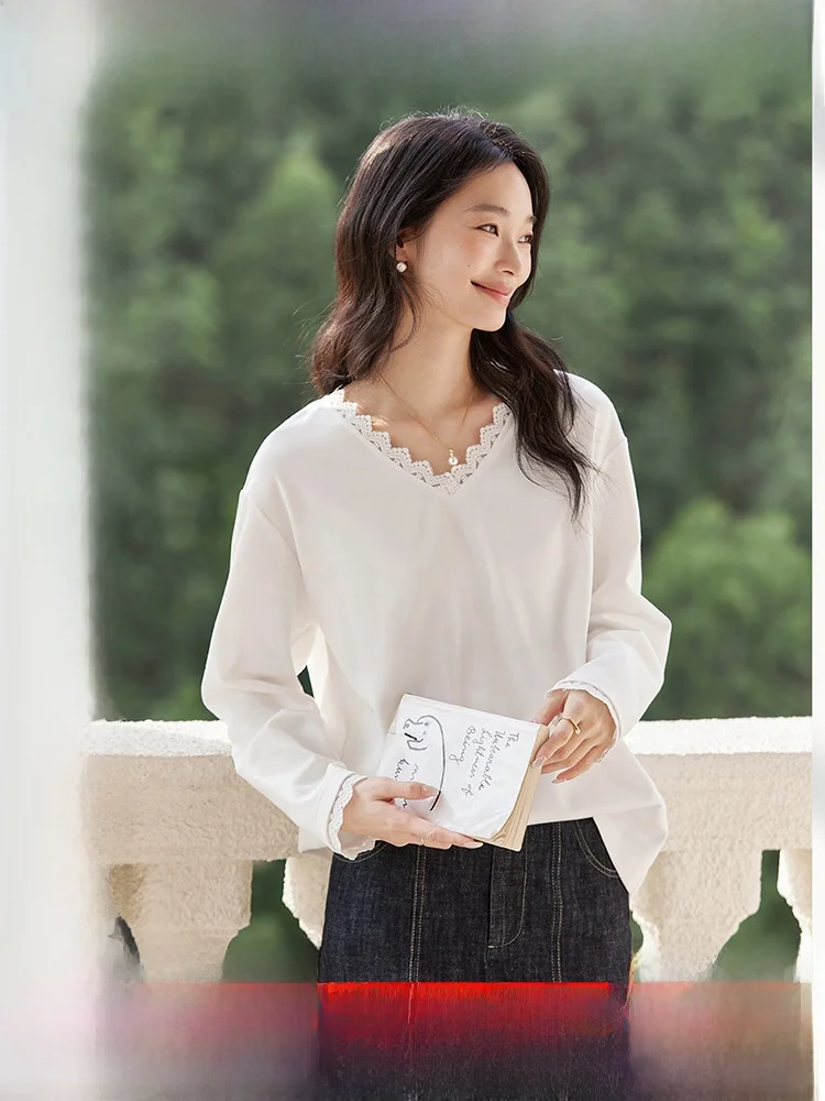 

Белая кружевная футболка с V-образным вырезом и длинными рукавами, женская, свободного кроя, базовый слой, повседневная, модная, осенняя новинка