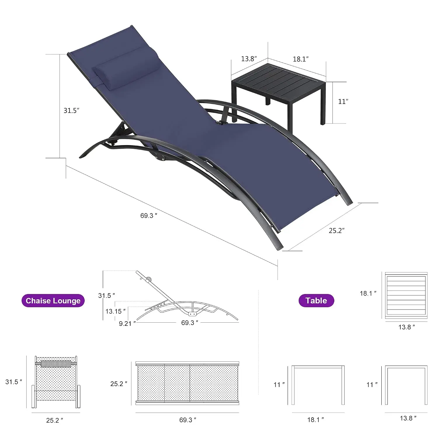 Outdoor Lounge Chair Set 3pcs Navy Aluminum Adjustable Headrest 5 Recline Stackable UV Textilene S-Curve, Customized