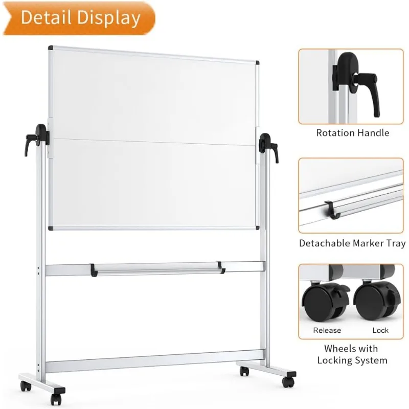 Quadro branco móvel dupla face, 48 x 36 polegadas, quadro branco de apagamento a seco com rolamento magnético sobre rodas com estrutura de alumínio e suporte