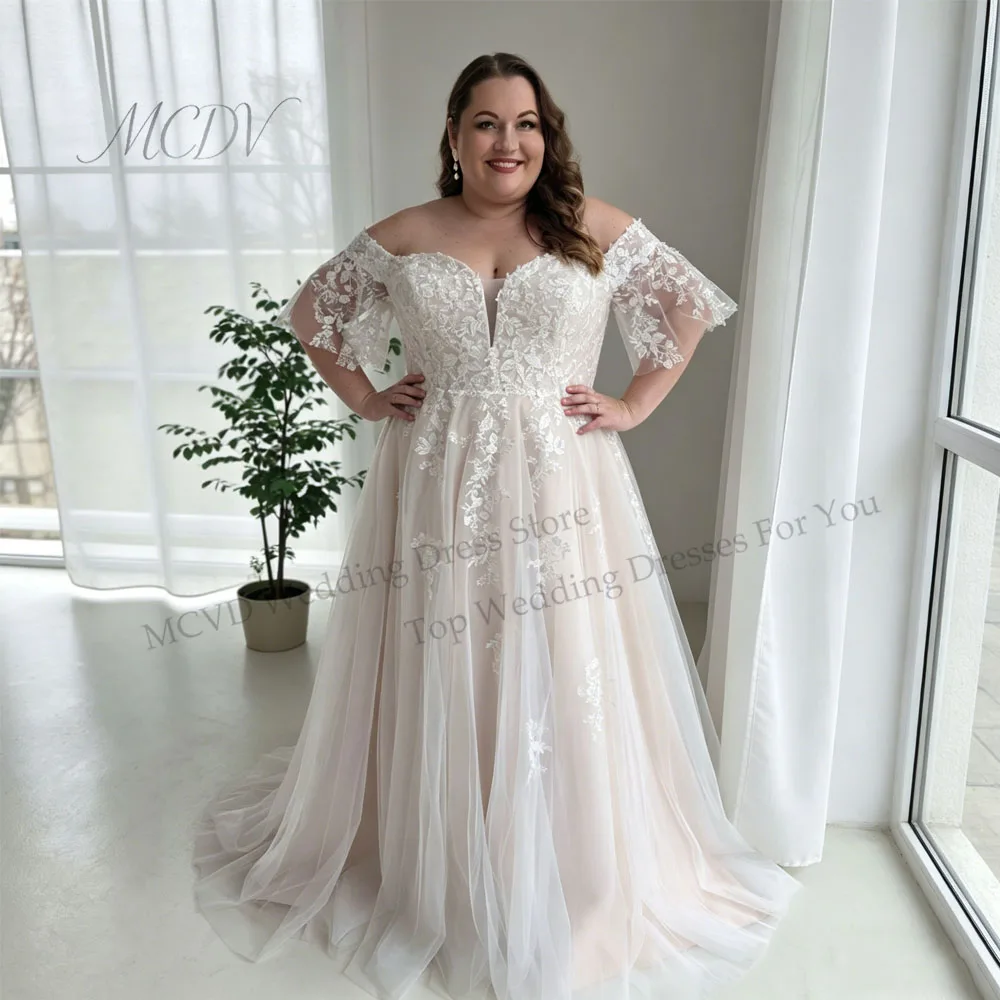 

Plus Size White Lace Wedding Dress 2026 Off Shoulder Applique Sweetheart A Line Boho vestidos de novia talla grande Customized