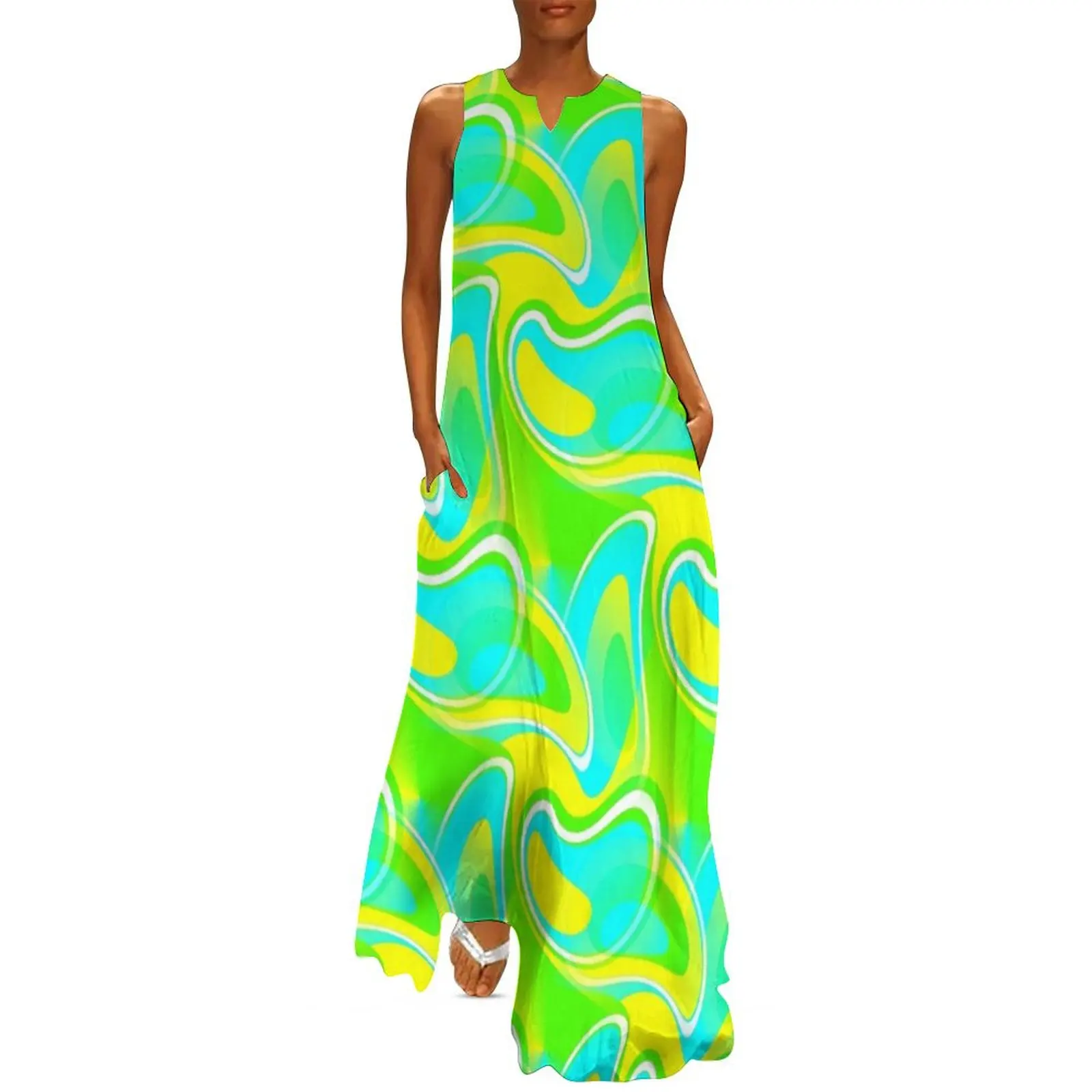 

Feeling Groovy - 60's Mod Paisley Abstract in Green, Blue and Yellow Long Dress clothes for woman dress Dress