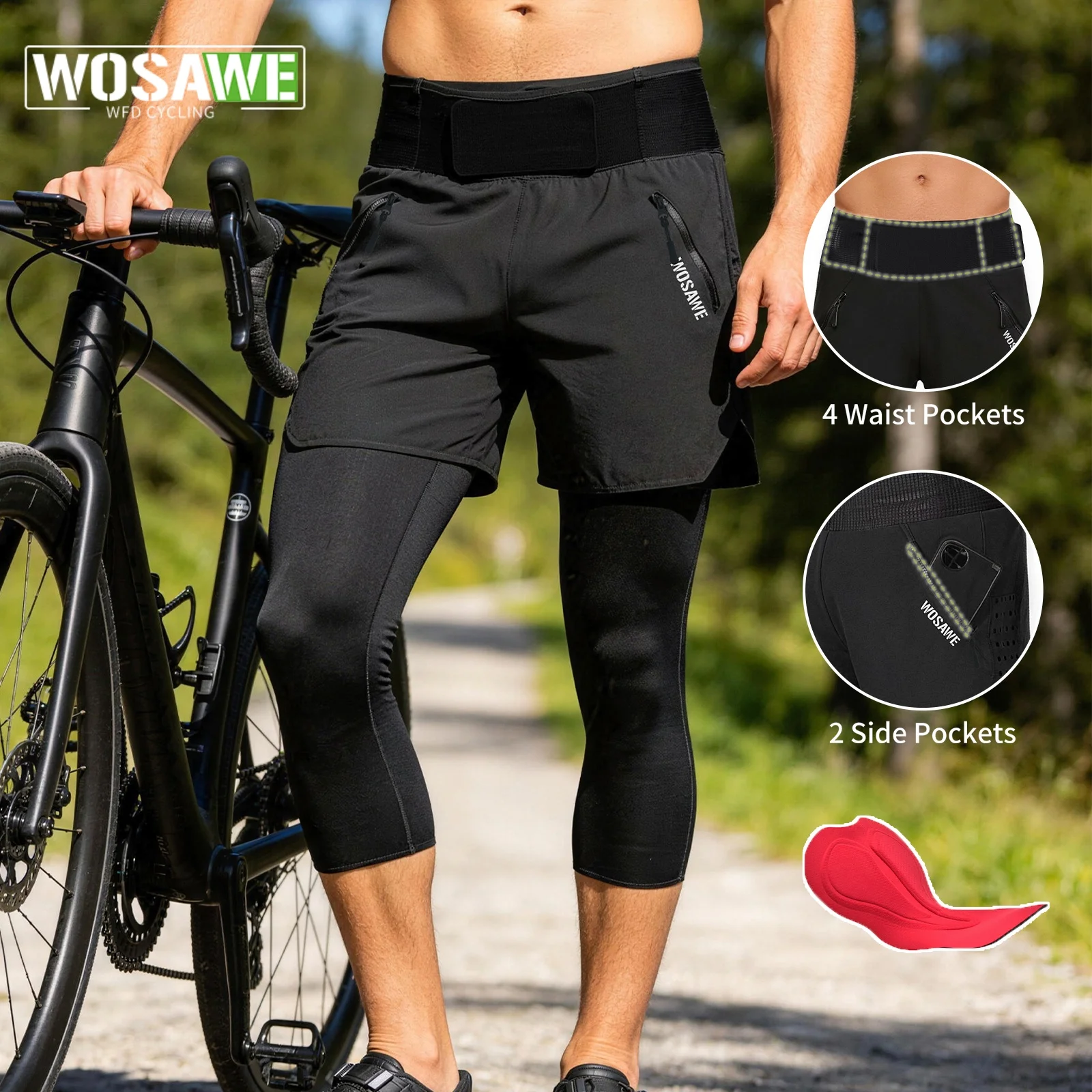 

WOSAWE Men Cycling Pants 2 In 1 Running Pants Double Layer Pant Training Legging Fitness Sweatpant With Pockets Running Trousers