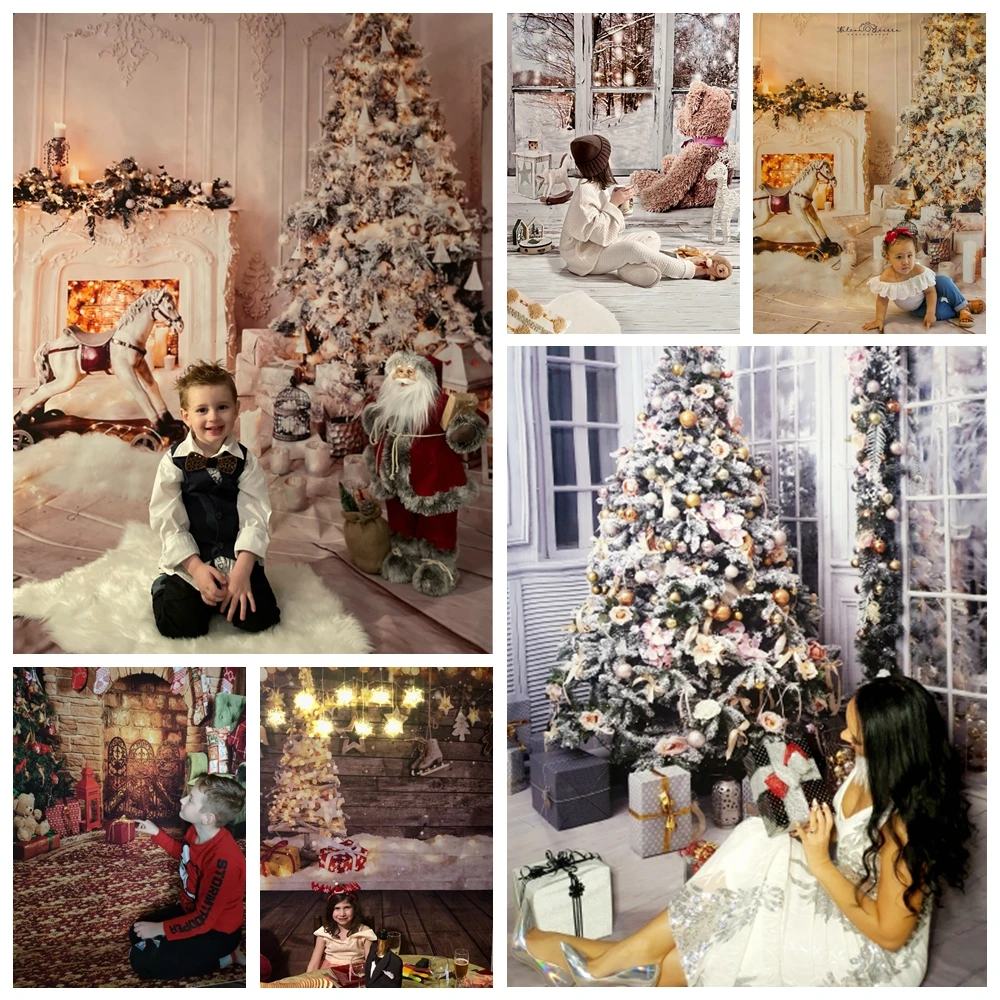 Christmas Photography Backdrop Wooden Floor Xmas Tree Fireplace Baby Birthday Family Party Background Photo Studio Decor Banner