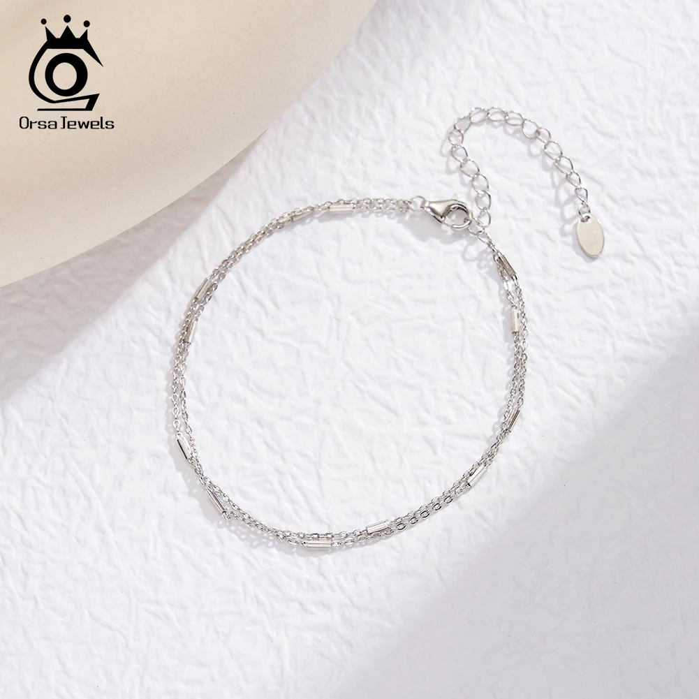 

ORSA JEWELS Real 925 Sterling Silver Double Layer Bracelet Adjustable Layered Thin Chain Bracelet Dainty Fine Jewelry Gift SB201