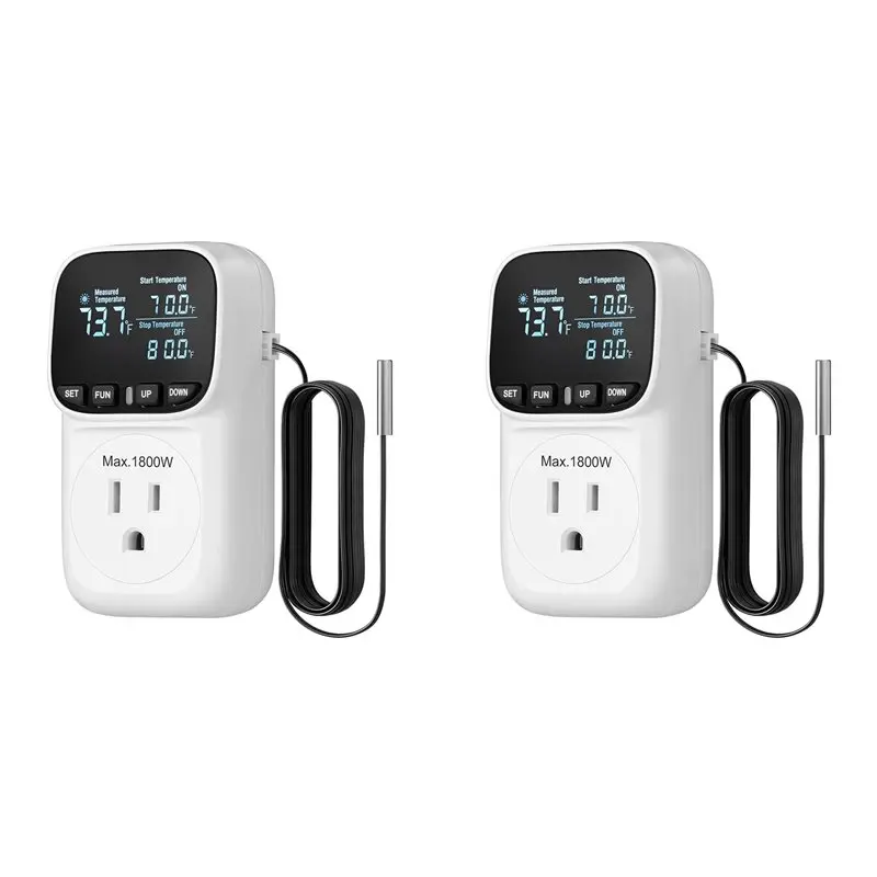 2X Digital Temperature Controller,15A/1800W Thermostat Outlet Plug,-40℉-210℉, Cyclic Timing/Countdown US Plug-[LUCK 9]