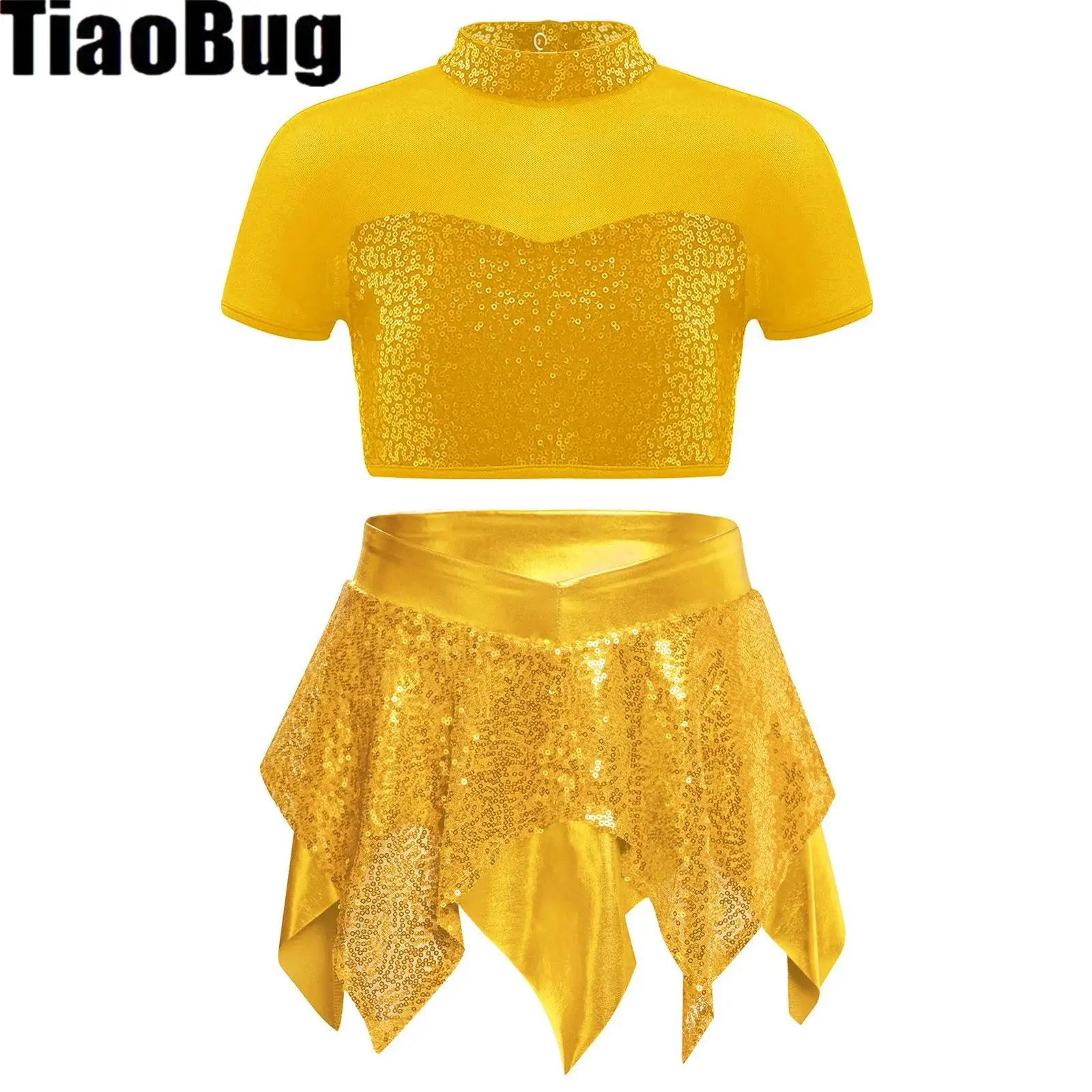 

Girls Jazz Dance Outfit Mock NecklShort Sleeve Mesh Cutout Back Sequin Crop Top with Asymmetrical Metallic Skirt Cheerleader Set